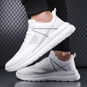 Chaussures de course homme en maille blanche respirante avec semelle épaisse légère