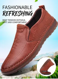 Detail showing high flexibility of leather casual shoes with brown rubber sole