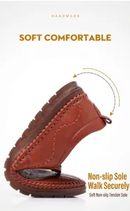 Brown leather loafers with flexible rubber sole shown being bent to demonstrate softness