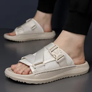 Herren Mesh-Pantoletten im Tactical-Stil in Beige mit verstellbaren Nylonriemen und dicker Sohle
