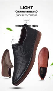 Detail of leather slip-on loafers showing hand-stitched seams and anti-slip rubber soles