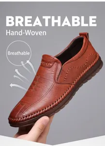 Detail of hand-woven stitching on brown leather loafers with anti-slip rubber sole