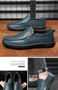 Detalle de mocasines de cuero granulado azul oscuro con costuras a mano