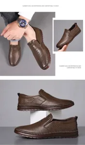 Close-up of brown pebbled leather loafers with durable anti-slip rubber soles for men