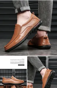 Detalle de mocasín para hombre en cuero marrón con letras rojas fashion en la suela