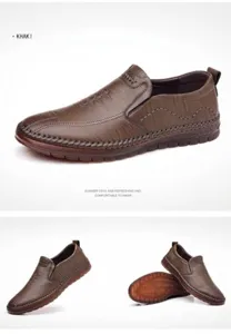 Detail of khaki men's loafers with slip-on design, hand-stitched seams and anti-slip rubber sole