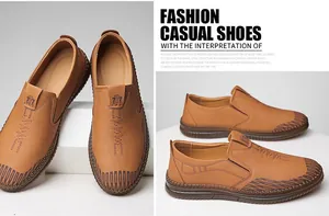 Detail view of brown leather loafers with white stitching and textured leather finish