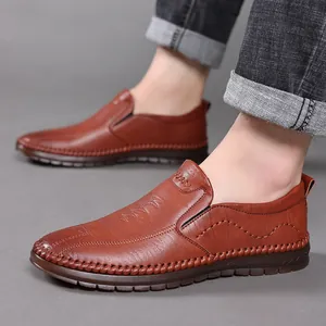 Zapatos de cuero marrón oscuro para hombre con suela suave antideslizante y costuras