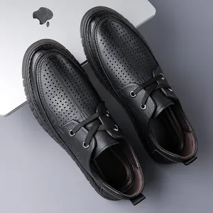 Atmungsaktive Herren-Business-Freizeitschuhe aus schwarzem Leder mit Hohlraum-Design