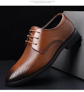 Detail view of laser-perforated dark brown leather upper and lightweight EVA foam sole