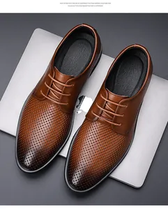 Detail view of brown breathable hollow leather shoes with lightweight EVA foam sole