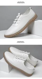 Detail view of white slip-on leather shoes for men featuring white hand-stitched seams