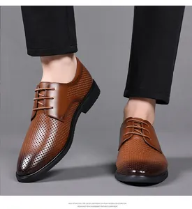 Close-up of brown breathable perforated leather derby shoes with lightweight EVA foam sole