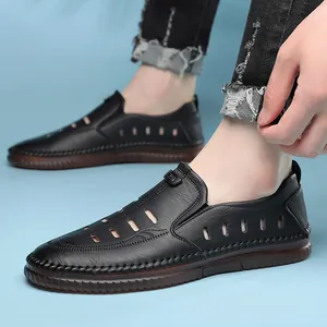 Men's black hollow leather sandals with breathable cutouts and soft rubber soles