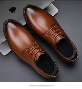 Detail view of brown leather derby shoes with lightweight EVA foam soles for business wear