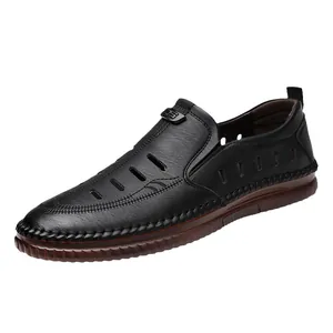 Sandales en cuir ajouré pour hommes avec semelle souple antidérapante et design slip-on