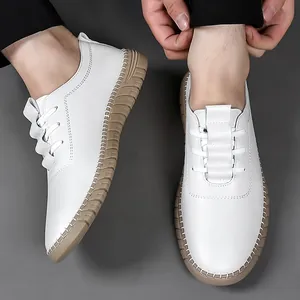 Men's Casual Genuine Cowhide Leather Loafers Rubber Sole Breathable Anti-slip Soft Daily Office Outdoor Walking Stitching Fashion Shoes