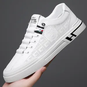 Chaussures de Planche Décontractées Respirantes pour Hommes Cuir Synthétique Baskets Perforées Avec Logo H Ruban Mode Plates Basses Blanc Beige