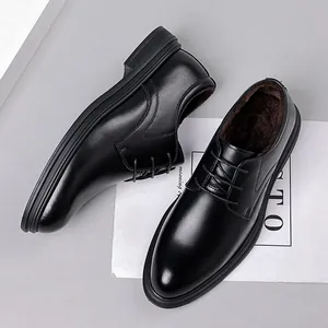Men's black leather formal derby shoes with warm fleece lining for business and winter wear