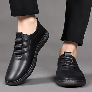 Men's black leather casual shoes with slip-on style and anti-slip rubber soles