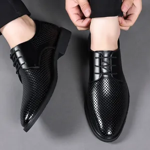 Men's black hollow breathable leather derby shoes for business casual occasions