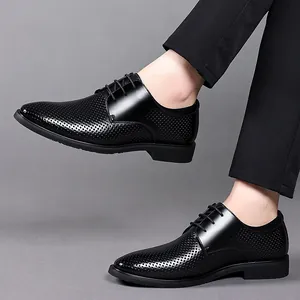 Men's black breathable perforated leather dress shoes for formal summer wedding business wear