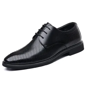 Men's black breathable leather derby shoes with laser-cut holes for business wear