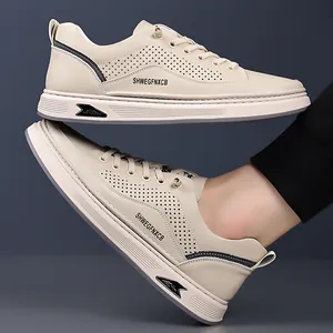 Men's off-white hollow breathable loafers with thick rubber soles for summer casual wear