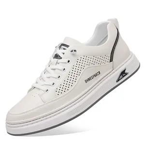 Men's white breathable hollow leather sneakers with thick flat sole and side lettering