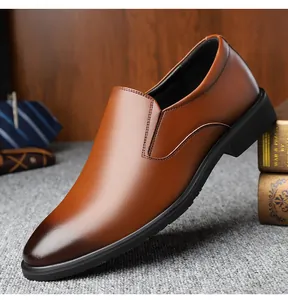 Detail of brown slip-on leather shoes with fine stitching for men in business setting