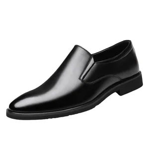 Polished black leather slip-on business shoes for men with sleek pointed toe design
