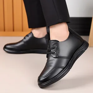 Men's black non-slip casual leather shoes with 6cm height increase and lace-up design