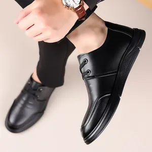 Men's black breathable leather business shoes with elevator heels and non-slip soles