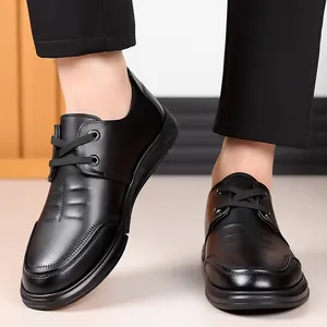 Men's black leather business casual elevator shoes with non-slip soft rubber soles