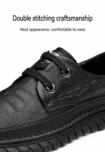 Détail de chaussures en cuir noir pour hommes avec texture croco et double couture