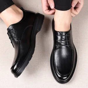 Classic black business leather shoes with square embossing and durable rubber sole
