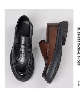 Detail view of leather penny loafers with thick rubber soles in black and brown colors