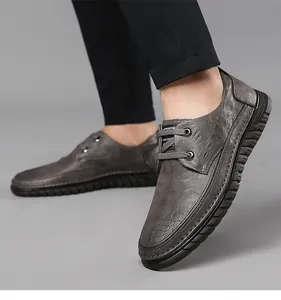 Détails de chaussures décontractées en cuir gris foncé pour hommes avec semelle gomme