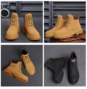 Detailed multi-angle views of men's waterproof work boots with non-slip outsoles