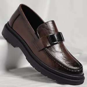 Men's Vintage Microfiber Leather Loafers British Style Business Casual Slip-on Shoes With Thick Rubber Sole Round Toe Low Heel