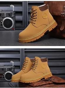 Detail view of khaki work boots with fleece lining and anti-slip rubber outsoles