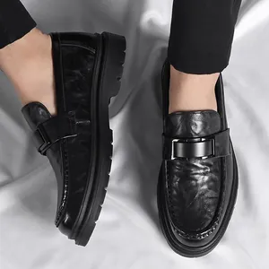Classic black leather loafers for men with matte metal buckle and thick durable sole