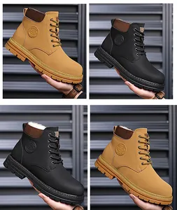Detail view of winter work boots with warm fleece lining and rugged rubber soles
