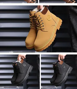 Close-up of winter work boots showing warm faux fur lining and durable non-slip rubber soles