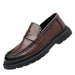 Men's dark brown leather loafers with vintage gradient toe and thick rubber sole