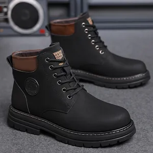 Men's black winter work boots with warm lining and non-slip thick sole in vintage style