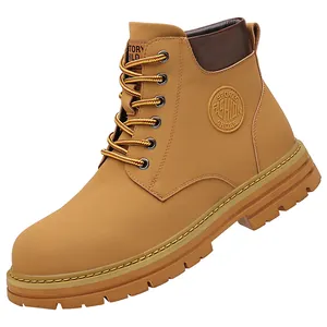 Classic khaki high-top leather work boots with non-slip rubber soles and warm lining