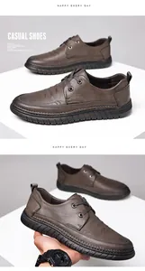 Detail of brown leather business casual men's shoes with fine stitching and rubber sole
