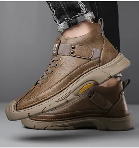 Detailed side view of brown high-top casual men's boots with textured leather and rubber sole