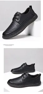 Detailed view of black leather business casual shoes with stitching and non-slip thick soles